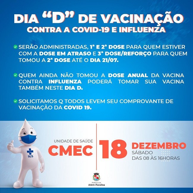 Prefeitura realiza amanhã o DIA D DA VACINAÇÃO contra gripe e COVID-19, de 08 as 16 horas no CMEC