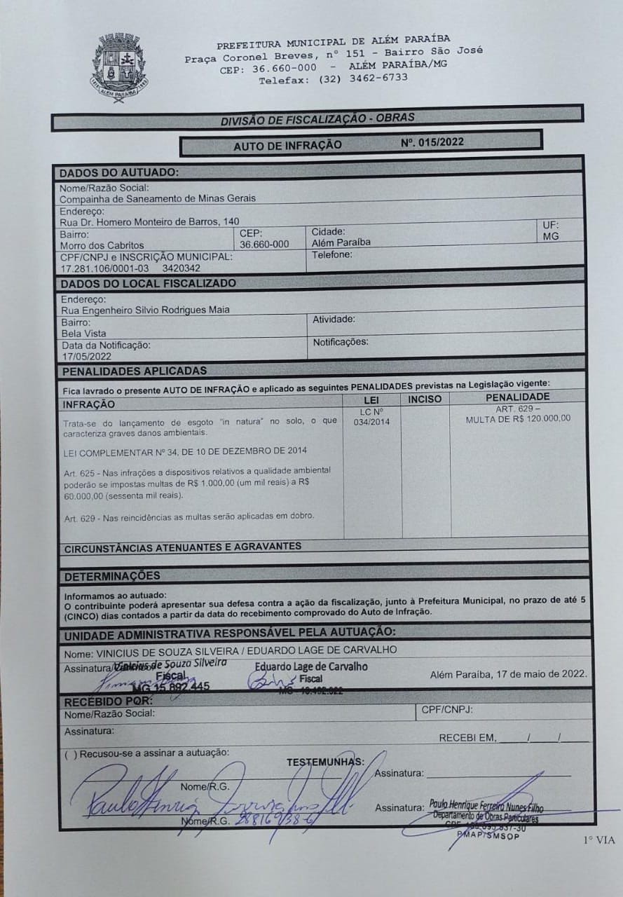 Prefeitura aplica nova multa na COPASA. Com a reincidência a multa foi dobrada e teve o valor de 120 mil Reais