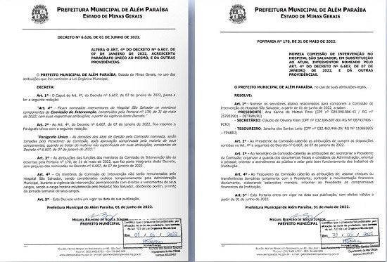 Prefeito nomeia Comissão de Intervenção em substituição ao Interventor que retorna a Chefia de Gabinete O Prefeito Municipal de Além Paraíba.