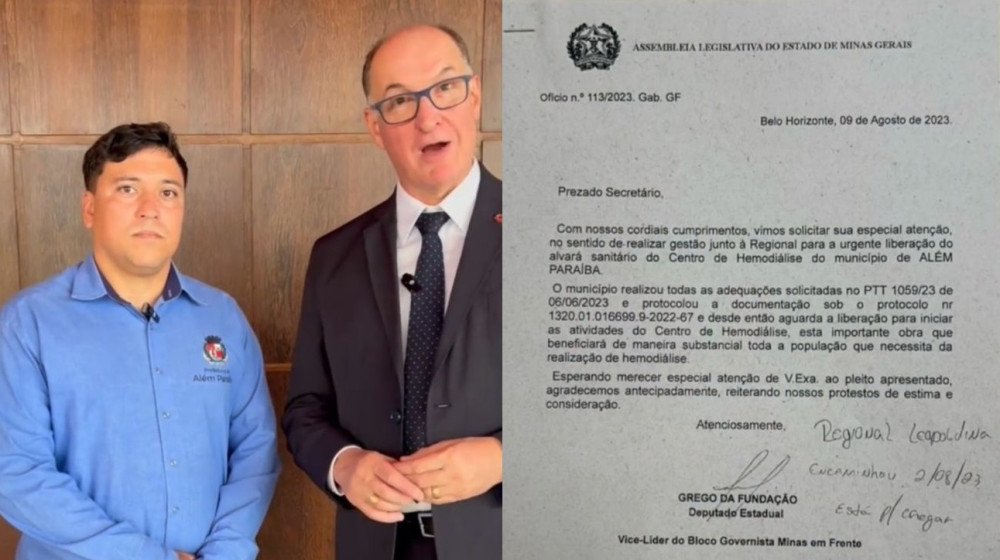 Prefeito agradeceu o apoio do Deputado Grego da Fundação pelo centro de hemodiálise previsto para ser instalado em Além Paraíba