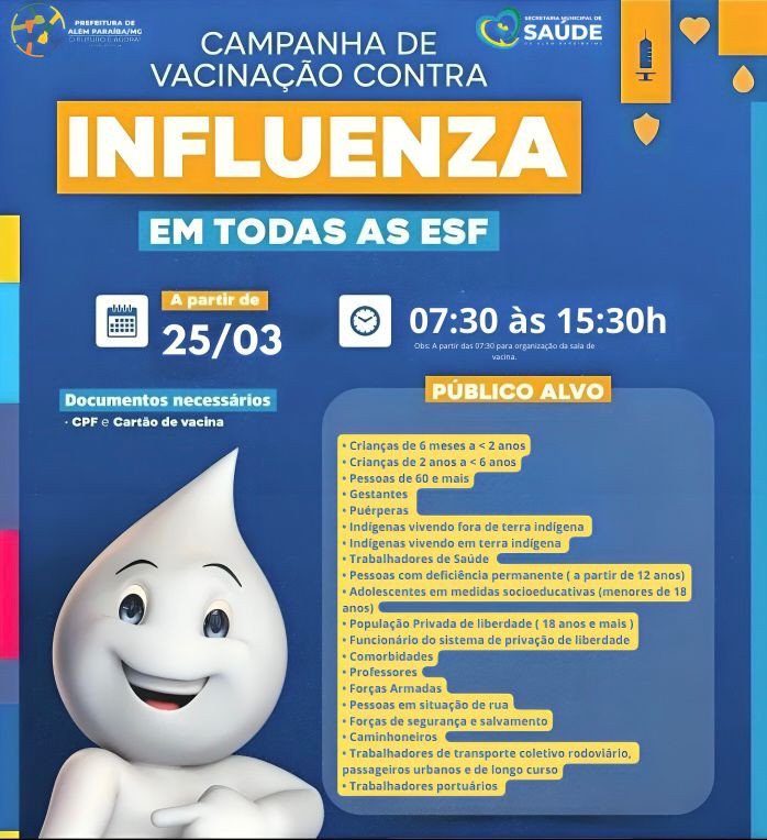 VACINAÇÃO CONTRA GRIPE (INFLUENZA) COMEÇA DIA 25 DE MARÇO EM TODAS AS UNIDADES DE SAÚDE