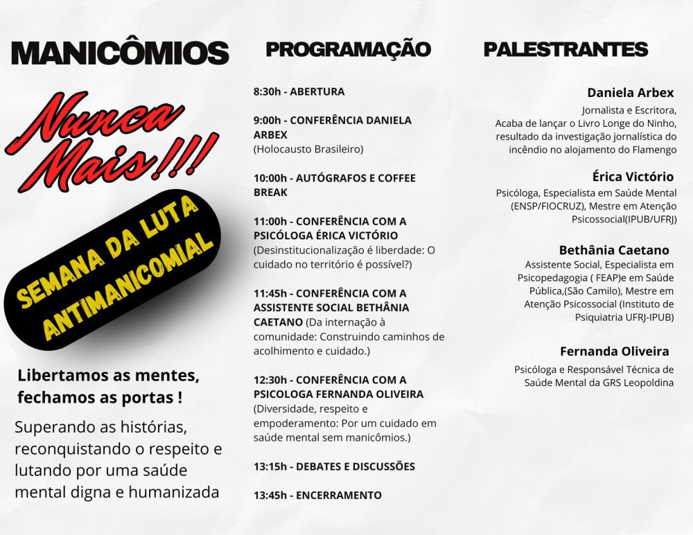 Manicômios nunca mais! Vem aí a Semana da Luta Anti Manicomial