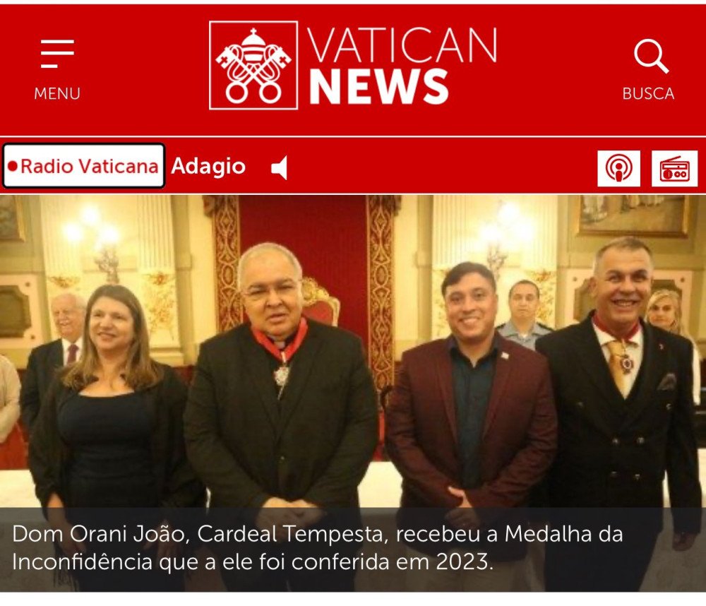 Site oficial do Vaticano noticia com destaque a entrega da Medalha da Inconfidência ao Cardeal Dom Orani Tempesta
