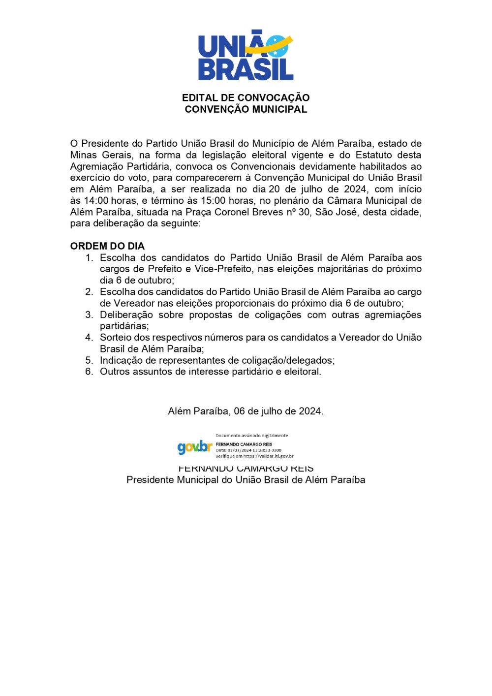 EDITAL DE CONVOCAÇÃO CONVENÇÃO MUNICIPAL (UNIÃO BRASIL)