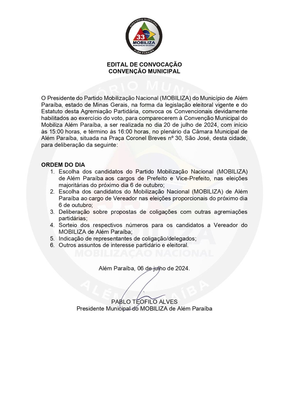 EDITAL DE CONVOCAÇÃO CONVENÇÃO MUNICIPAL (PMN - MOBILIZA)