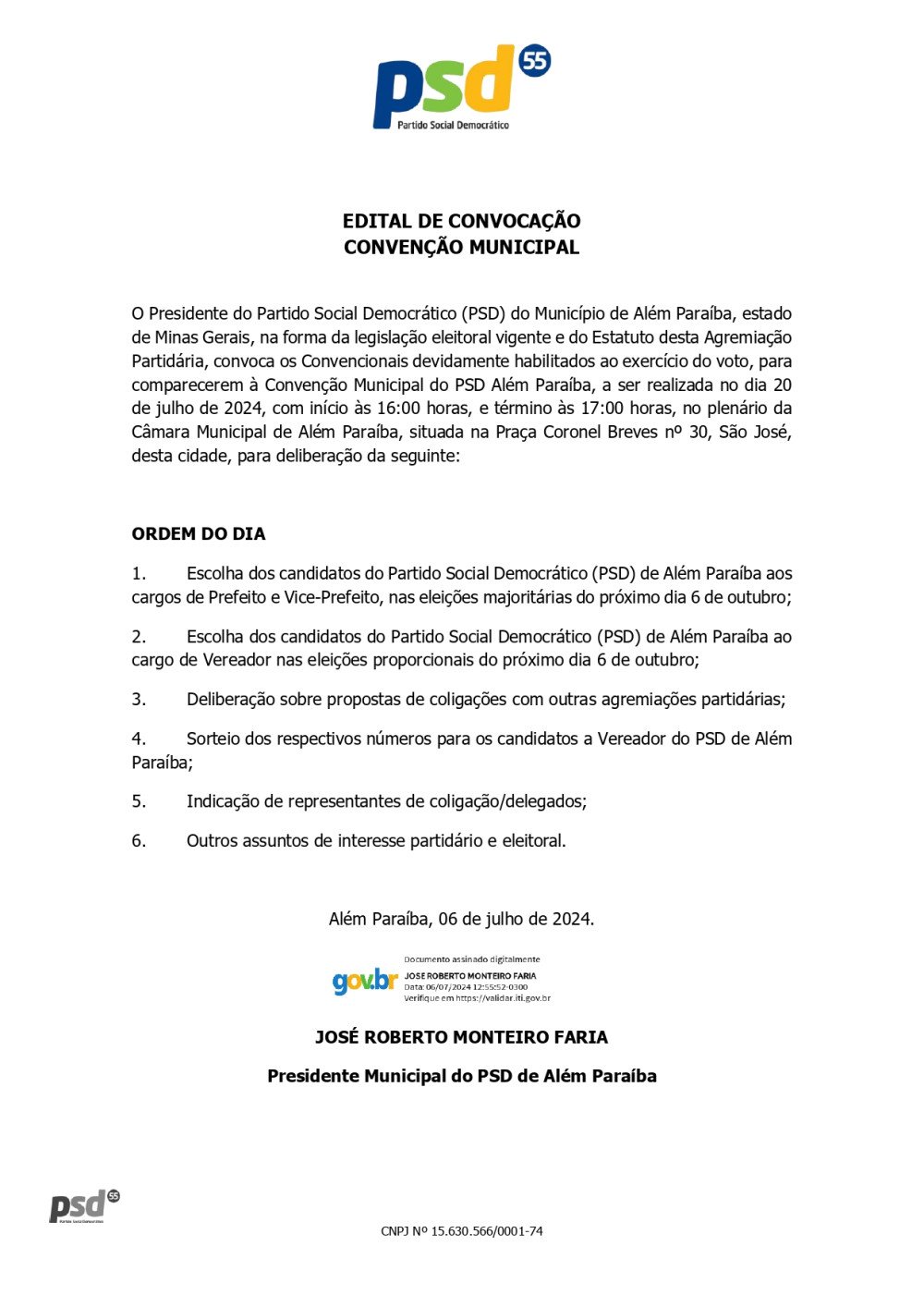 EDITAL DE CONVOCAÇÃO CONVENÇÃO MUNICIPAL (PSD)