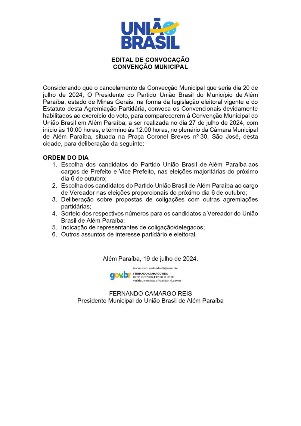 EDITAL DE CONVOCAÇÃO CONVENÇÃO MUNICIPAL - PARTIDO UNIÃO BRASIL