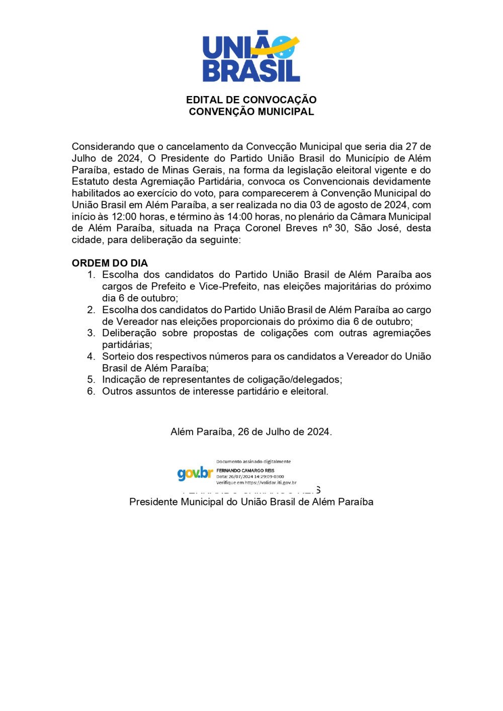 EDITAL DE CONVOCAÇÃO CONVENÇÃO MUNICIPAL - UNIÃO BRASIL