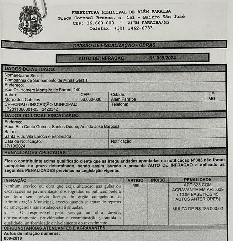 Prefeitura age como a Lei lhe permite e aplica mais uma multa na COPASA por recomposição indevida de pavimento