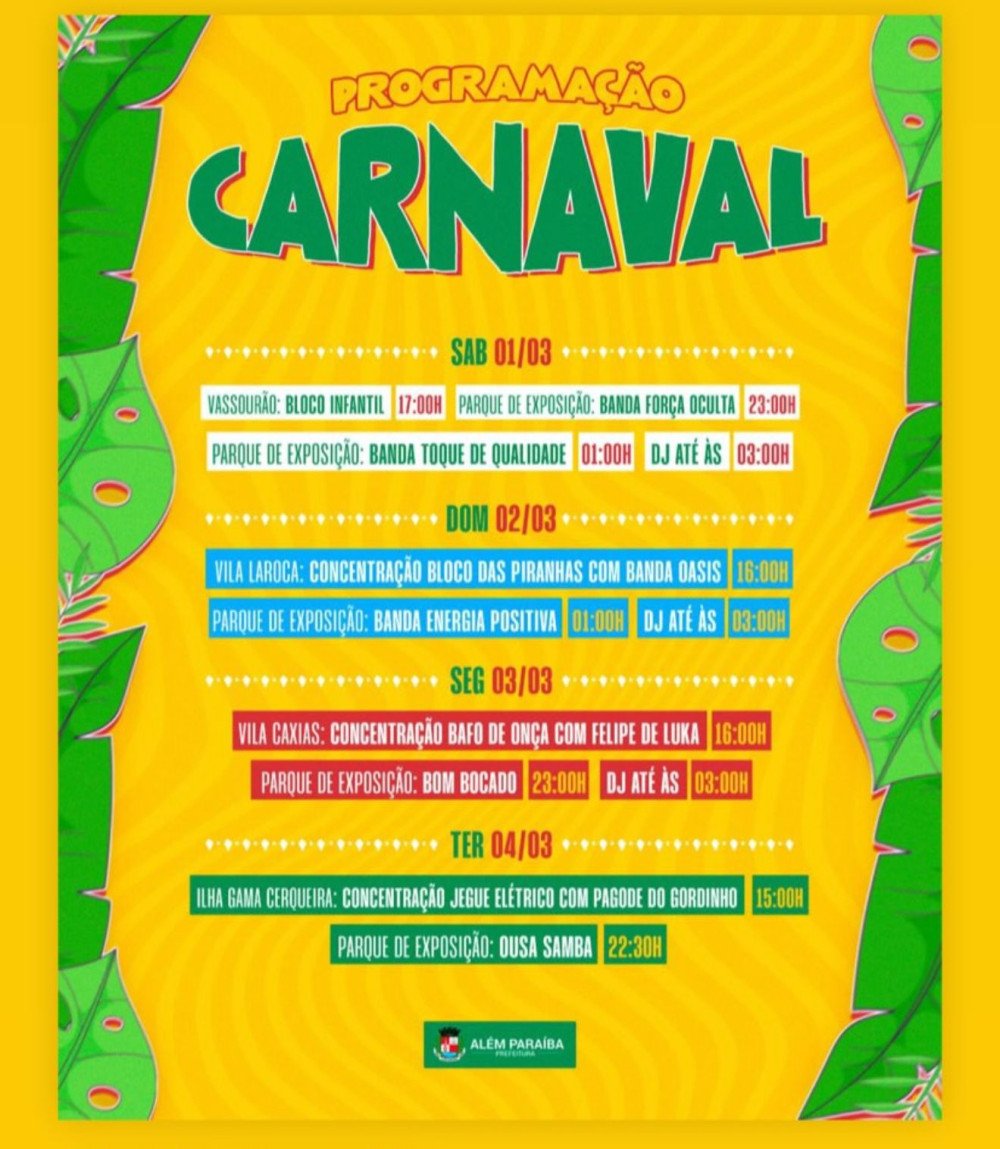 Com bandas e atrações locais, sem escolas de samba que decidiram não desfilar este ano, Prefeitura divulga a programação do Carnaval 2025