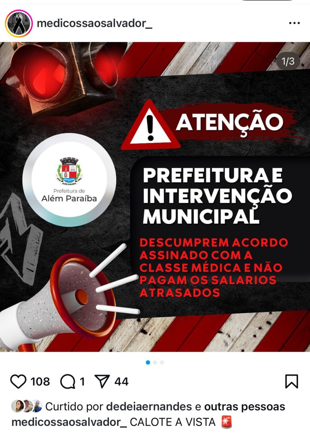 Perfil de Médicos do Hospital publica nas redes sociais texto informando do não pagamento de seus salários por parte da Prefeitura e cumprimento de acordos