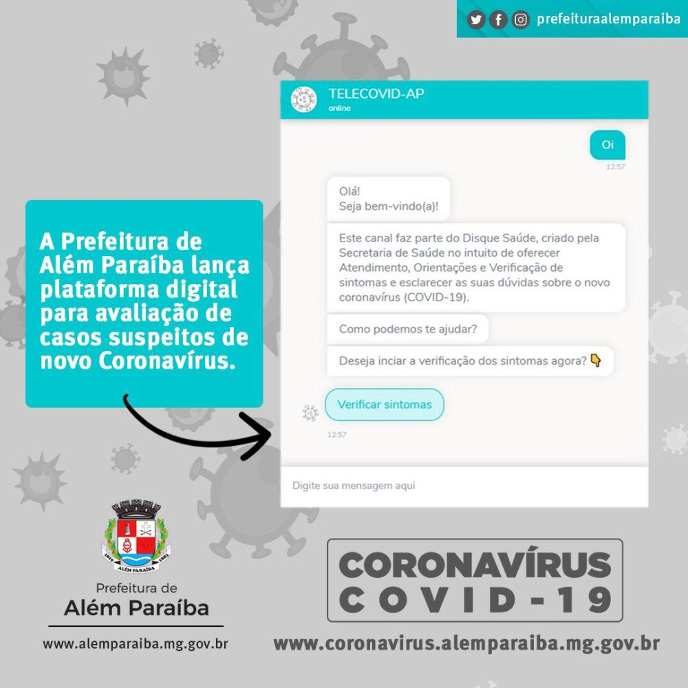 Prefeitura de Além Paraíba lança plataforma digital para avaliação de casos suspeitos de novo Coronavírus.