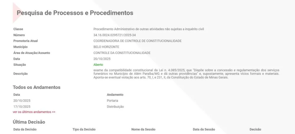 MINISTÉRIO PÚBLICO AVALIA SE LEI DO SERVIÇO FUNERÁRIO APROVADO NA CÂMARA É INCONSTITUCIONAL