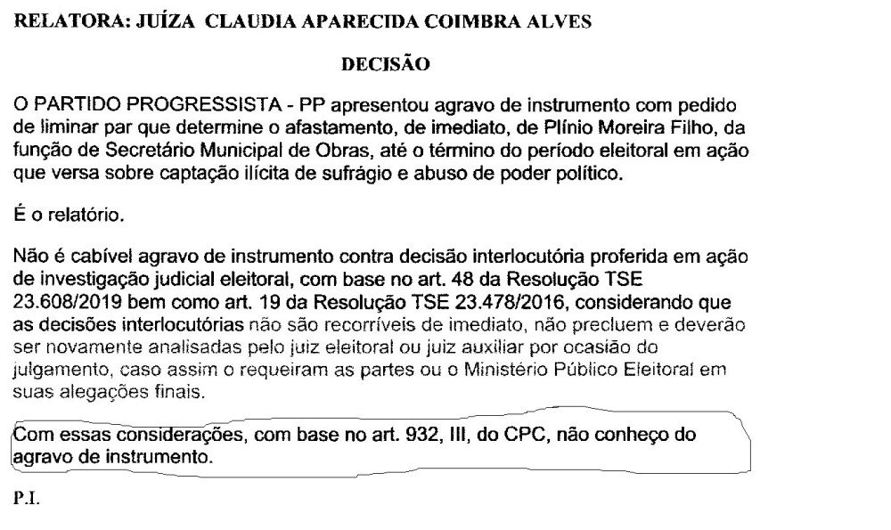 Partido de Fernando recorre a Belo Horizonte para tentar afastar o Secretário Plínio e perde de novo. Tribunal não conheceu do recurso. Incompetência ou desconhecimento jurídico do Advogado?