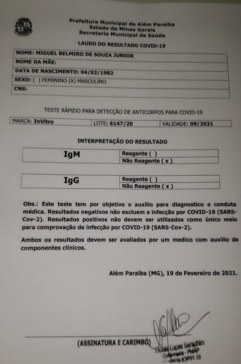 Prefeito de Além Paraíba manteve-se isolado até dia 19 conforme o protocolo mas testou NEGATIVO (IGM e IGG) para Covid-19
