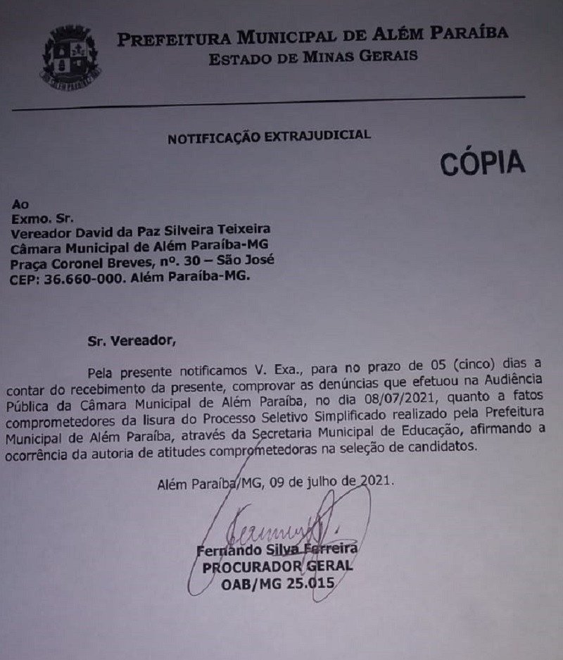 Procurador interpela Vereador David da Paz para que o parlamentar prove as afirmações que fez de que os processos seletivos da Prefeitura são cartas marcadas