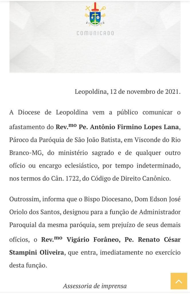 Bispo Diocesano suspende Padre do estado Sacerdotal por descumprimento do Código Canônico