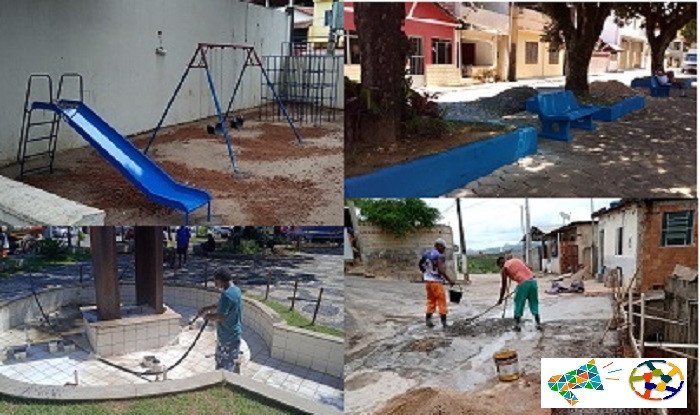 Ações da Secretaria de Obras: Revitalização da Praça na Ilha Gama Cerqueira, sequência na construção de muro no Goiabal, limpeza e conservação da Praça Elias Sahione e instalação de parque infantil na Praça de Santa Rita